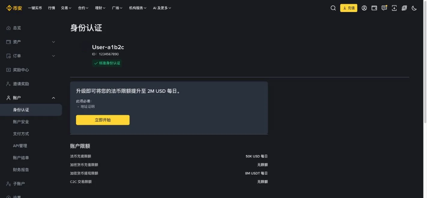 币安身份认证页：通过标准认证后会显示认证等级和各项充提限额