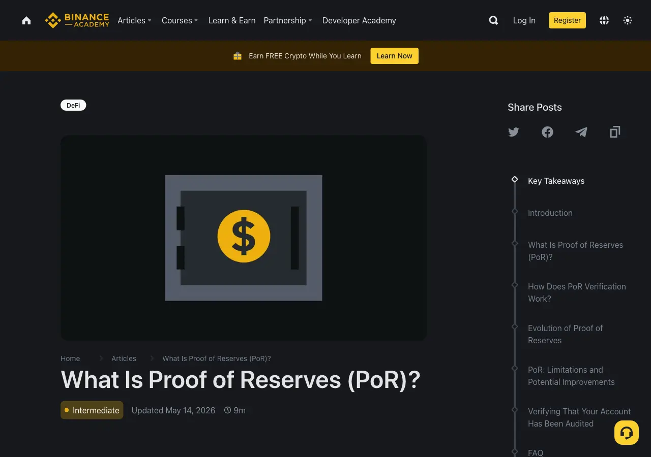 Artikel resmi Binance Academy yang menjelaskan Proof of Reserves dan cara kerja verifikasinya